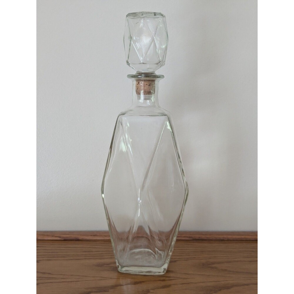 Vintage Atomic Style Diamond Glass Liquor Wine Decanter Bottle MCM Barware Retro